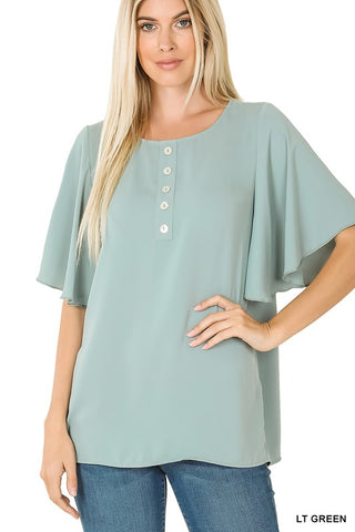 WOVEN WATERFALL SLEEVE BUTTON FRONT TOP