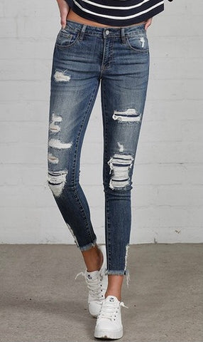 High Stretch Mid Rise Distressed Ankle Skinny