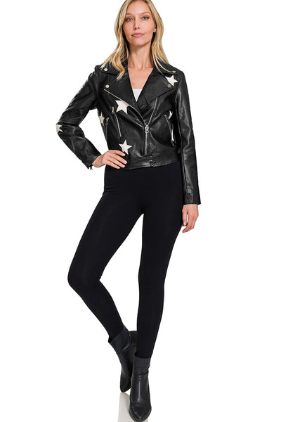 FAUX LEATHER STAR PATCH MOTO JACKET