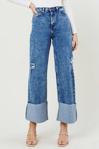 Jeans Corte Alto Wide Leg Bastilla Doblez