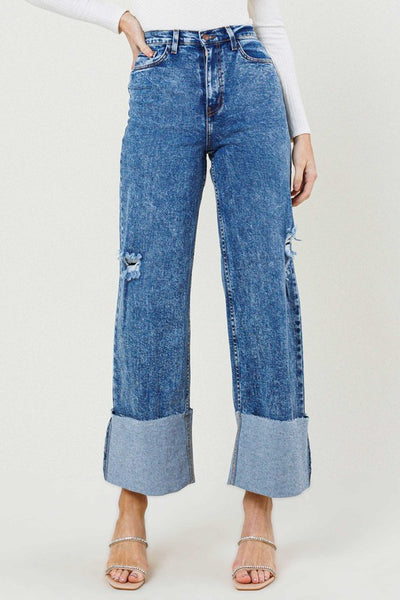 Jeans Corte Alto Wide Leg Bastilla Doblez