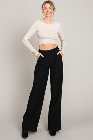 Front Pleated Wide Long Pants