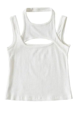 Ribbed Layered Halter Cut Out Tank Top